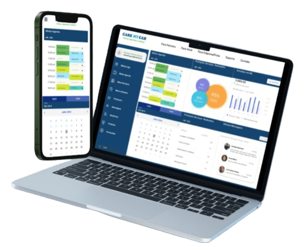 Computador e celular com a tela de painel Care my car